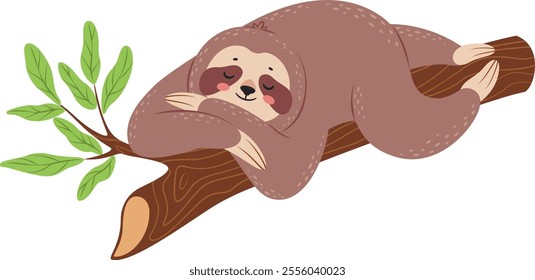 Charming illustration presents a relaxed sloth sleeping on a tree branch, embracing the tranquility of its natural habitat, with lush green leaves adding a touch of vibrancy to the scene