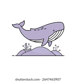 A charming illustration of a purple whale swimming above a simple underwater landscape with plants. A whimsical depiction of marine life.