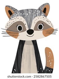 Charming illustration of a raccoon with playful markings and a friendly smile, featuring a whimsical hand-drawn artistic style