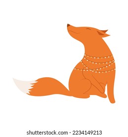 Charming illustration of a red fox with a white tail. Forest animal in winter with a garland and a warm winter scarf around his neck. Vector sketch of a wild animal