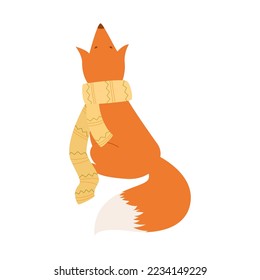 Charming illustration of a red fox with a white tail. Forest animal in winter with a garland and a warm winter scarf around his neck. Vector sketch of a wild animal