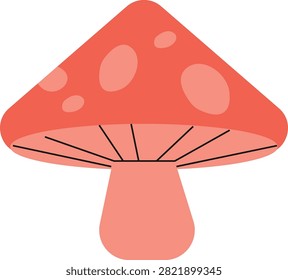 A charming illustration of a red mushroom featuring distinct white spots on its cap and visible gills underneath, presented in a simple, flat design.