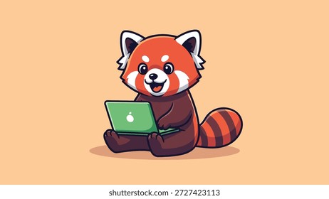 Eine charmante Illustration eines roten Panda, der auf einem grünen Laptop sitzt und tippt und dabei Fokus und Technologie vermittelt.