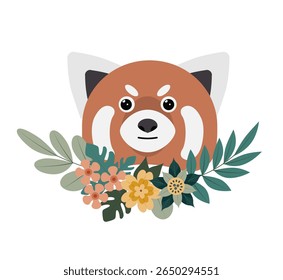 A charming illustration of a red panda's face, adorned with vibrant flowers and green leaves, creating a lively and cheerful atmosphere. Ideal for wildlife enthusiasts and nature lovers.