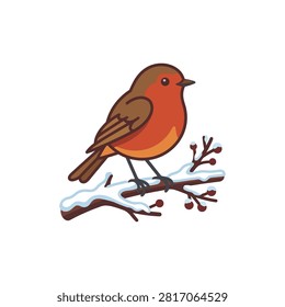 A charming illustration of a robin with its characteristic red breast sitting on a snow-covered branch with red berries.