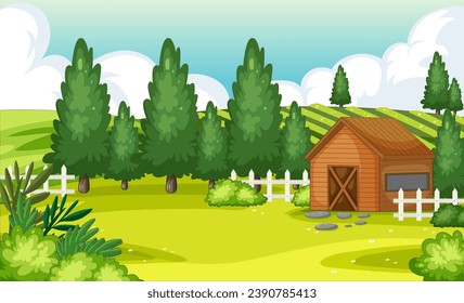 A charming illustration of a rural countryside home surrounded by farm land