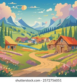 A charming illustration of a scenic mountain village surrounded by green hills, colorful flowers, rustic houses, and a winding dirt road under a bright sky