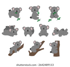 A charming illustration set of cute koala animals in various poses, ideal for children designs, educational materials, and animal themed projects