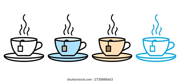A charming illustration set of hot tea cups with teabags and rising steam, perfect for beverage themes.