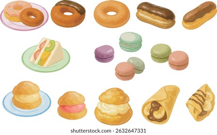 A charming illustration set of popular sweets including donuts, éclairs, fruit sandwiches, macarons, cream puffs, and crepes.
Perfect for cafe menus, posters, greeting cards, and social media designs.