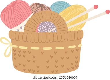 Charming illustration showcases a knitted basket overflowing with colorful yarn balls and knitting needles, evoking a sense of cozy creativity and handmade warmth