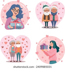 A charming illustration showcasing diverse characters exchanging gifts, surrounded by heart shapes, perfect for Valentine’s or love-themed projects