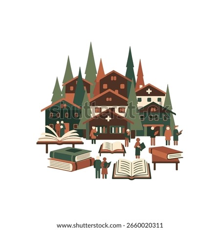 A charming illustration showcasing a mountain library scene captures the essence of people engaging with books in a tranquil setting This artwork depicts individuals immersed in reading