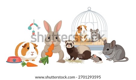 A charming illustration showcasing a variety of common pet animals, including a rabbit, guinea pigs, a ferret, mouse, hamster, and chinchilla.