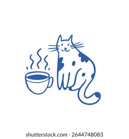 Uma ilustração encantadora mostra um gato adorável acolhedor ao lado de uma xícara de café fumegante, perfeito para temas de conforto
