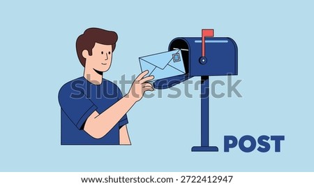 A charming illustration shows a man with a distinctive flat silhouette checking his mailbox for mail.
