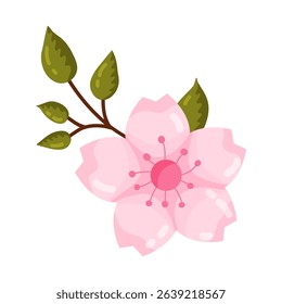 A charming illustration of a single pink cherry blossom flower or sakura, with a delicate brown branch and green leaves or buds. This isolated floral element beautifully captures spring essence. Ideal