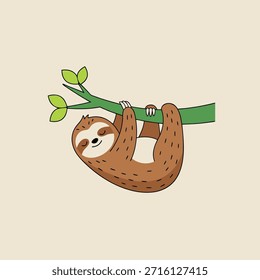A charming illustration of a sloth, depicted in a simple cartoon style, gracefully suspended from a tree branch.
