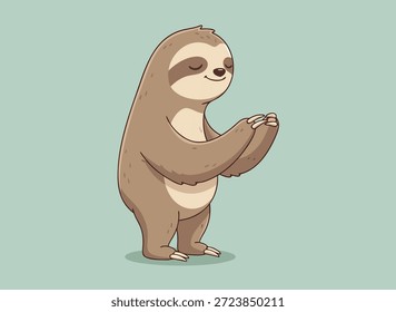A charming illustration of a sloth in a relaxed pose, with its eyes closed and hands clasped, embodying tranquility and mindfulness.