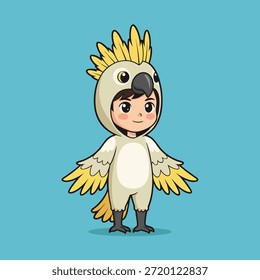 A charming illustration of a small child dressed in an adorable cockatoo bird outfit, standing with a happy expression.