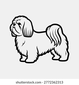 Charming illustration of small fluffy dog in standing pose. Pedigree pet animal with luxurious long fur. Outline vector art.