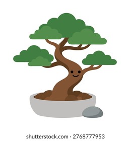 A charming illustration of a small, stylized bonsai tree in a pot, featuring a happy face on its trunk.