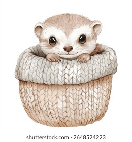 Uma ilustração encantadora de uma pequena doninha aninhada dentro de uma cesta quente e de malha. A expressão da doninha é amigável e curiosa, com olhos grandes e um sorriso sutil. 