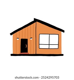 Charming illustration of a small wooden cabin with a modern minimalist design, perfect for themes of simplicity, home, and architecture