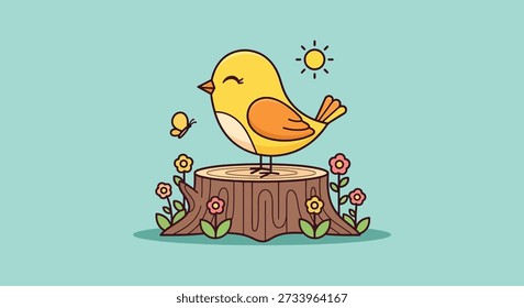 A charming illustration of a small yellow bird perched on a tree stump, surrounded by flowers and a butterfly, under a sunny sky.