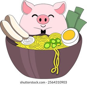 A charming illustration of a smiling pig sitting inside a bowl of ramen, complete with noodles, egg, vegetables, and decorative toppings