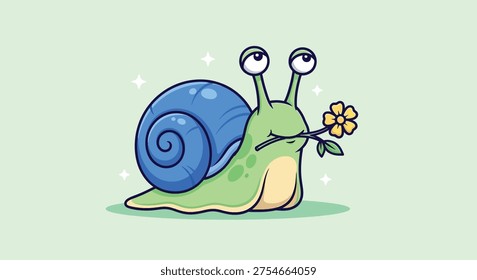 A charming illustration of a snail with a blue shell, holding a delicate yellow flower in its mouth, set against a soft green background.