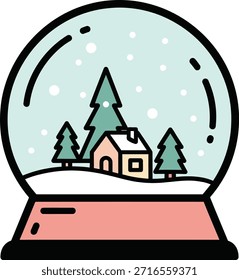 Uma ilustração encantadora de um globo de neve com uma casa acolhedora aninhada entre árvores perenes com flocos de neve suaves caindo dentro, tudo rendido em um estilo simples e contornado.