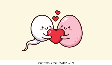 Una encantadora ilustración de un personaje de esperma y huevo sosteniendo un corazón rojo, simbolizando el amor y la concepción.