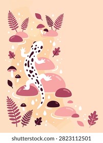 A charming illustration of a spotted salamander navigating a path of wet rocks, surrounded by ferns, mushrooms, and falling raindrops.