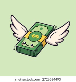 Ilustração encantadora de uma pilha de dinheiro com um rosto e asas felizes, simbolizando a liberdade financeira ou o dinheiro voando.