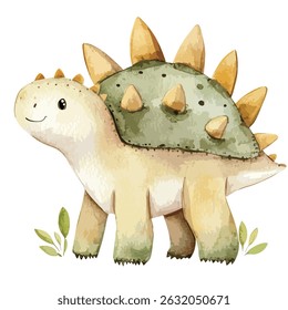 A charming illustration of a stegosaurus, depicted in pastel colors, with a friendly expression. The dinosaur is presented in a full view, showcasing its distinctive plates and spikes.