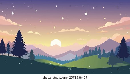 Charming illustration of a sunset over mountains, with a starry sky and green hills. Perfect for conveying tranquility, natural beauty, and moments of reflection in creative or promotional projects.