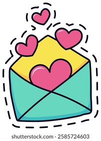 Charming illustration of a teal envelope with pink hearts emerging, symbolizing love and affection. Perfect for romantic themes, greeting cards, and Valentine s Day designs