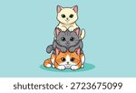 A charming illustration of three adorable cartoon cats, an orange tabby, a grey cat, and a cream cat, playfully stacked in a pyramid on a light blue background.