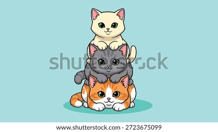 A charming illustration of three adorable cartoon cats, an orange tabby, a grey cat, and a cream cat, playfully stacked in a pyramid on a light blue background.