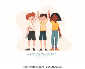 A charming illustration of three children celebrating Friendship Day, symbolizing togetherness, joy, and diversity.