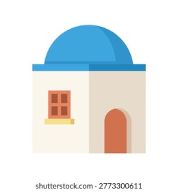 A charming illustration of a traditional white washed house with a blue dome roof, typical of Santorini, Greece. Clean pastel flat design style.