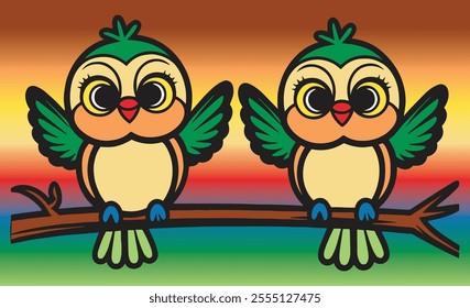 A charming illustration of two cartoon birds perched on a branch with a vibrant gradient background. Perfect for creative projects, kids’ designs, and vibrant themes.