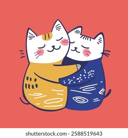 A charming illustration of two cartoon cats embracing each other, showcasing their playful and affectionate nature. 