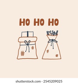 Charming illustration of two Christmas gift bags with decorative elements and the festive phrase Ho Ho Ho above. Perfect for holiday greeting cards or festive designs