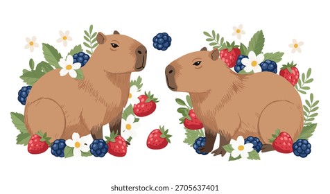 Ilustração encantadora de dois capivaras bonitos sentados entre uma grinalda de morangos frescos amoras e flores brancas.