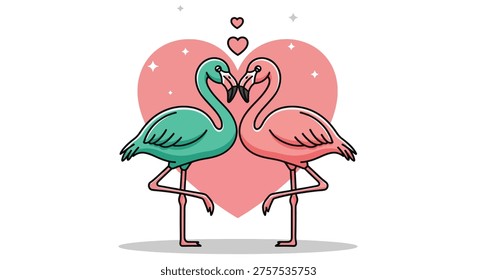 A charming illustration of two flamingos facing each other, symbolizing love and romance, set against a soft pink heart.