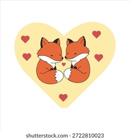Una encantadora ilustración de dos zorros compartiendo un momento amoroso dentro de un marco en forma de corazón.