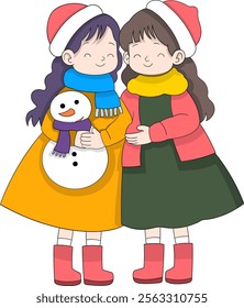 A charming illustration of two happy girls wearing winter outfits, including colorful coats, scarves, and Santa hats