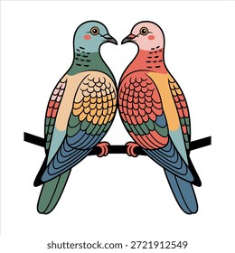 Una encantadora ilustración de dos palomas de colores vibrantes sentadas una al lado de la otra.